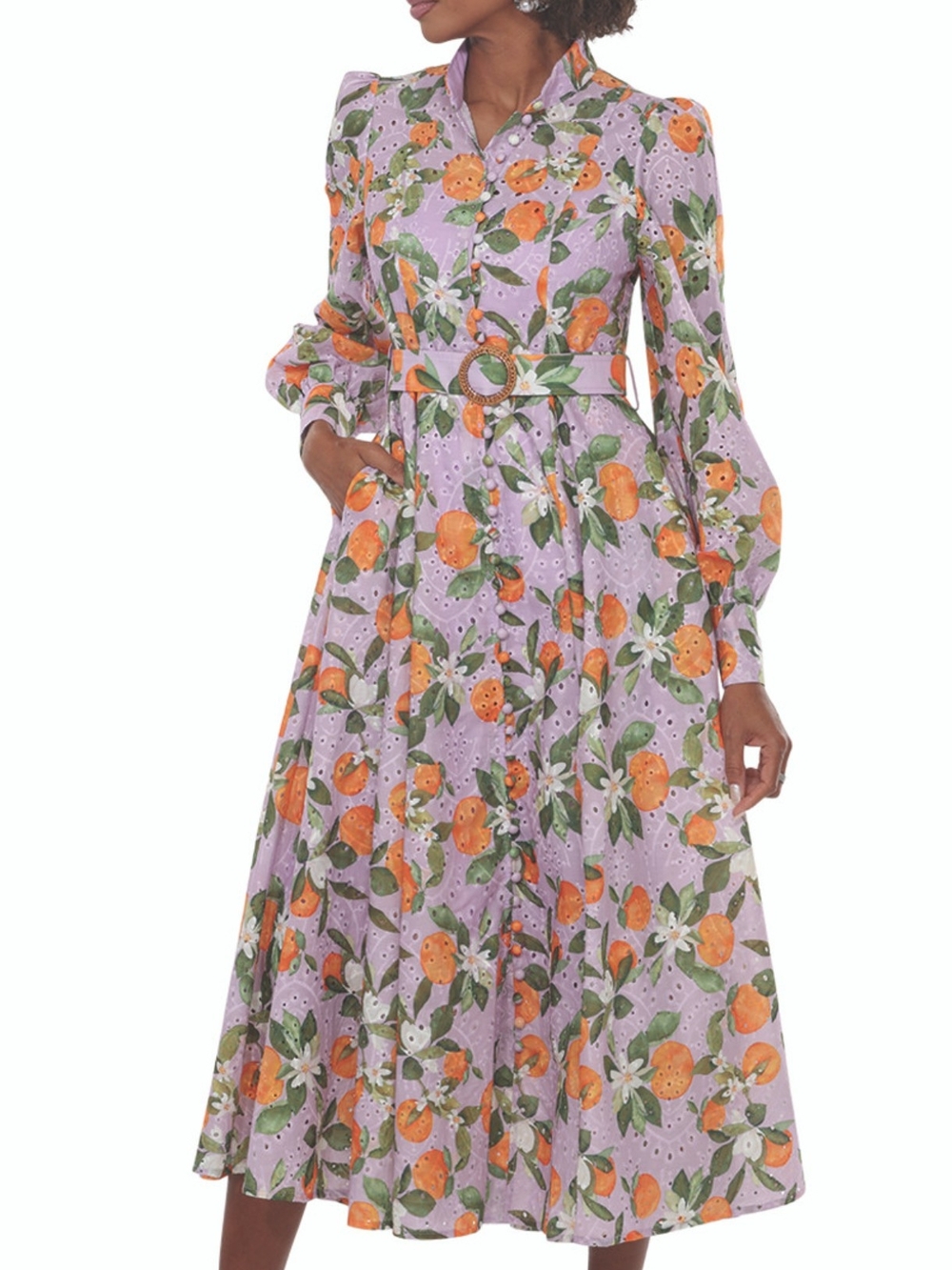 Lavender Floral Print Midi Shirtdress with Belt